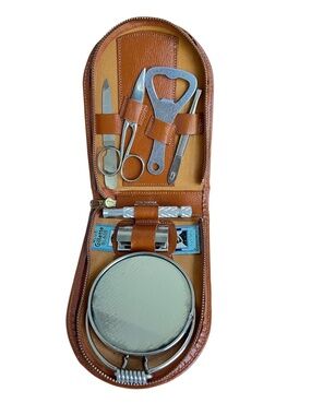 Vintage Gillette Travel Razor Kit Leather Case Mirror Sealed Blades Tweezers etc